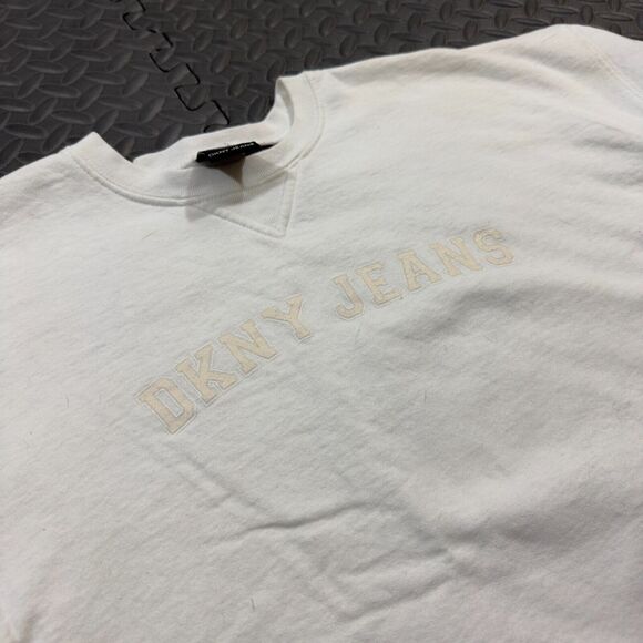 DKNY Jeans Sweatshirt Unisex Large White Spell-out Logo Long Sleeve Crew Neck - Picture 2 of 7